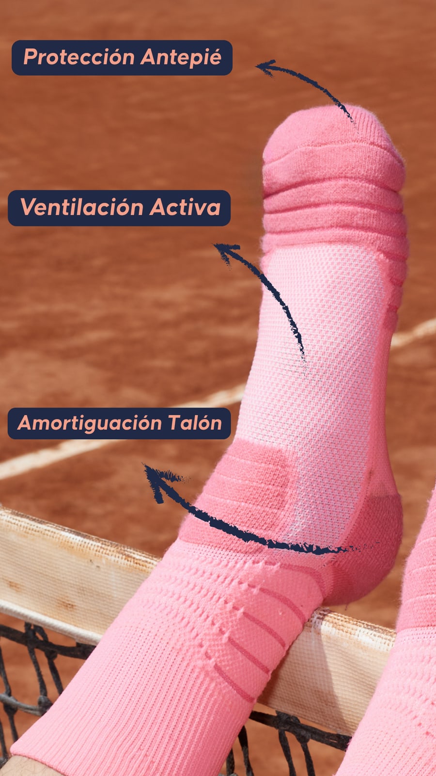 Detalle del calcetín Flamingo Sports — protección de antepié, ventilación activa y amortiguación en el talón